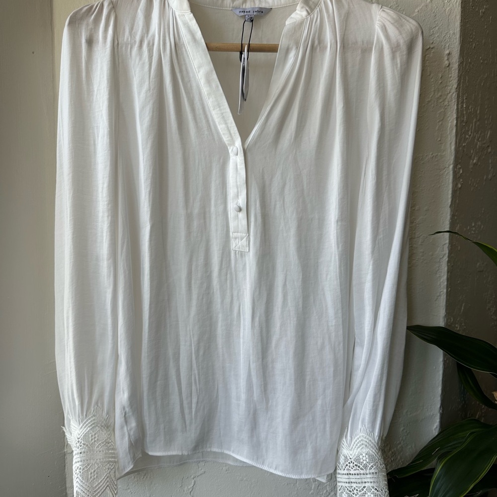 Naked Zebra White Long Sleeve Polo Blouse